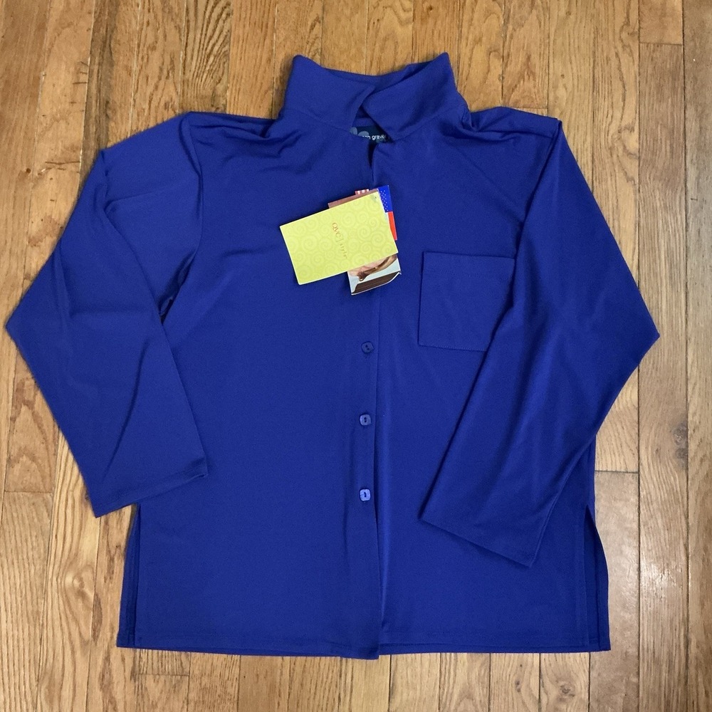 Susan Graver Women's Blue Blouse Size M New Long Sleeves Button Down Front